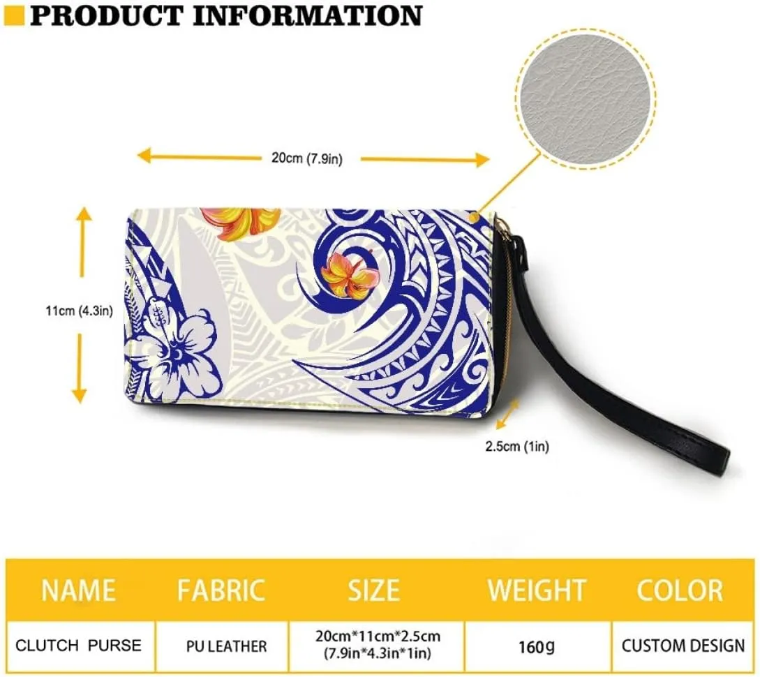 KIDVOVOU Women's Wristlet Wallets Clutch Purses Polynesian Print Zipper PU Leather RFID Blocking Handbag,Blue Polynesian Hibiscus,OneSize