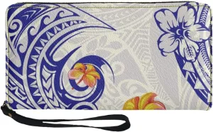 KIDVOVOU Women's Wristlet Wallets Clutch Purses Polynesian Print Zipper PU Leather RFID Blocking Handbag,Blue Polynesian Hibiscus,OneSize