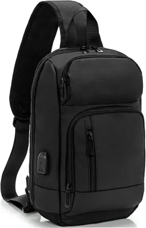 KINGSLONG 14-16 inch Sling Bag for Men,Black Crossbody Bag with USB Charging Port Fits 10.2inch iPad, Casual Daypack