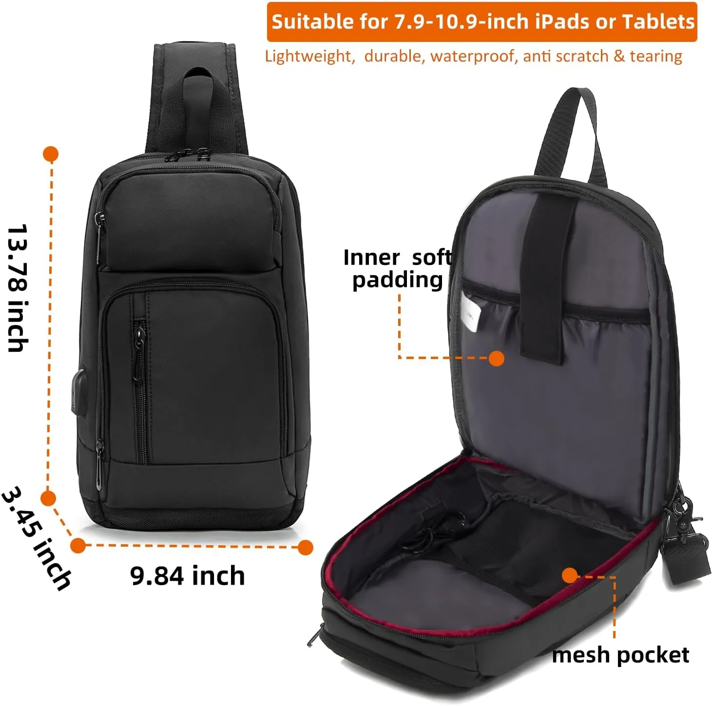 KINGSLONG 14-16 inch Sling Bag for Men,Black Crossbody Bag with USB Charging Port Fits 10.2inch iPad, Casual Daypack