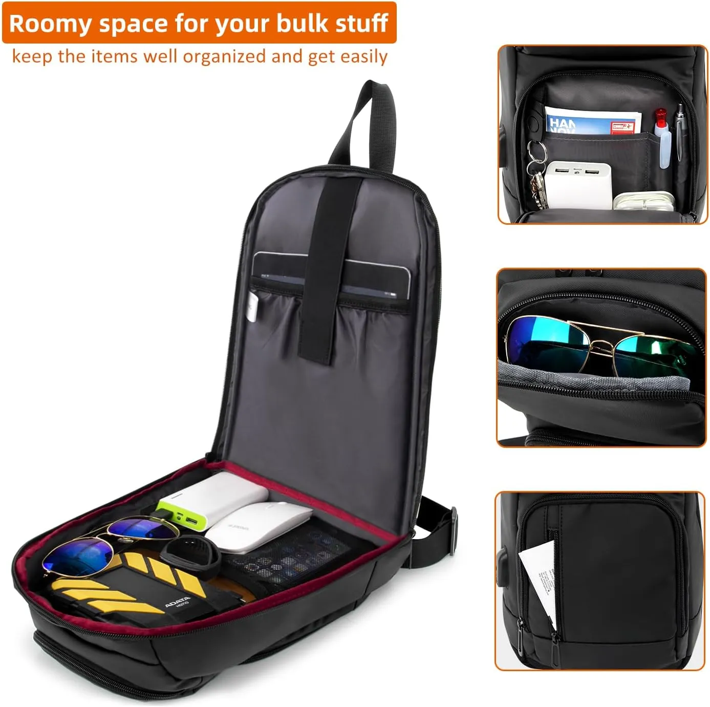 KINGSLONG 14-16 inch Sling Bag for Men,Black Crossbody Bag with USB Charging Port Fits 10.2inch iPad, Casual Daypack