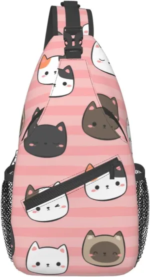 Kitten Cat Head Cartoon Sling Bag for Women Mens Crossbody Backpack Travel Hiking Daypack Chest Shoulder Bag with Adjustable Strap