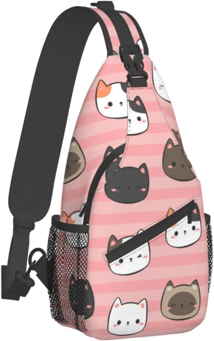 Kitten Cat Head Cartoon Sling Bag for Women Mens Crossbody Backpack Travel Hiking Daypack Chest Shoulder Bag with Adjustable Strap
