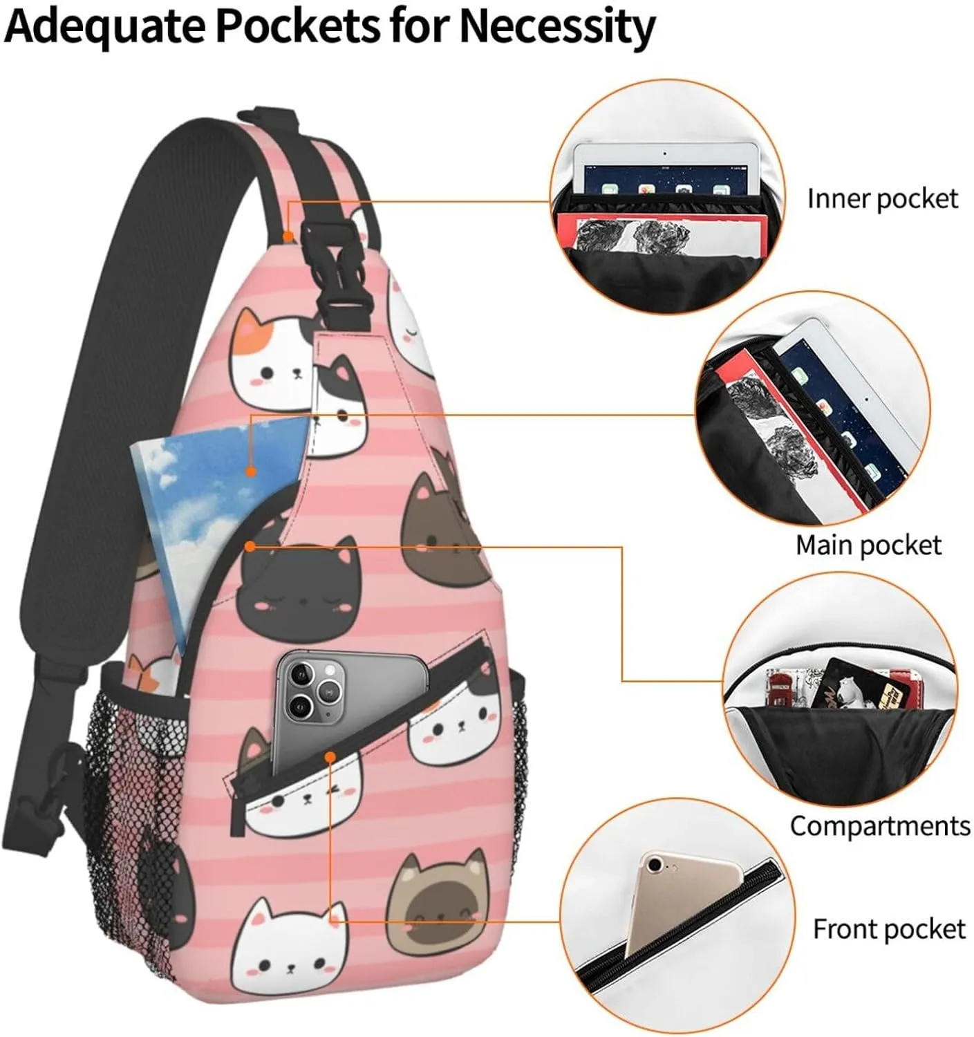 Kitten Cat Head Cartoon Sling Bag for Women Mens Crossbody Backpack Travel Hiking Daypack Chest Shoulder Bag with Adjustable Strap