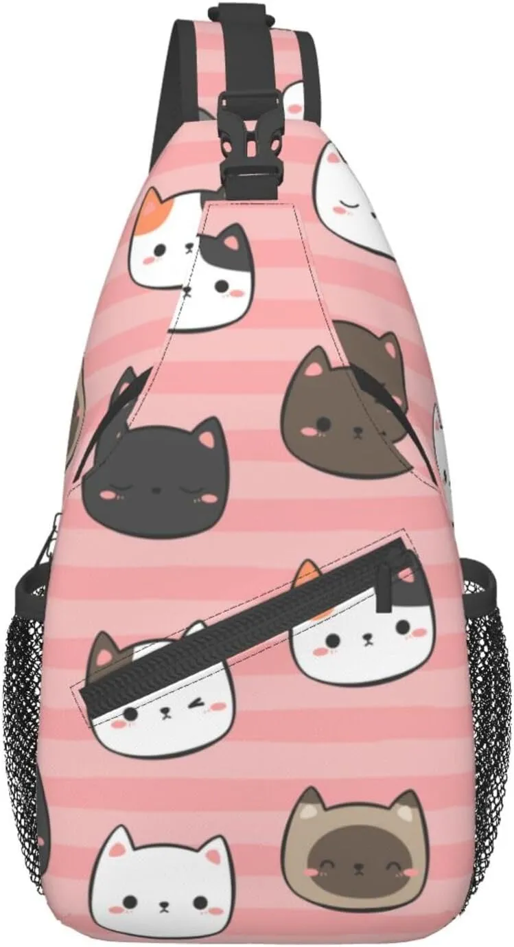 Kitten Cat Head Cartoon Sling Bag for Women Mens Crossbody Backpack Travel Hiking Daypack Chest Shoulder Bag with Adjustable Strap