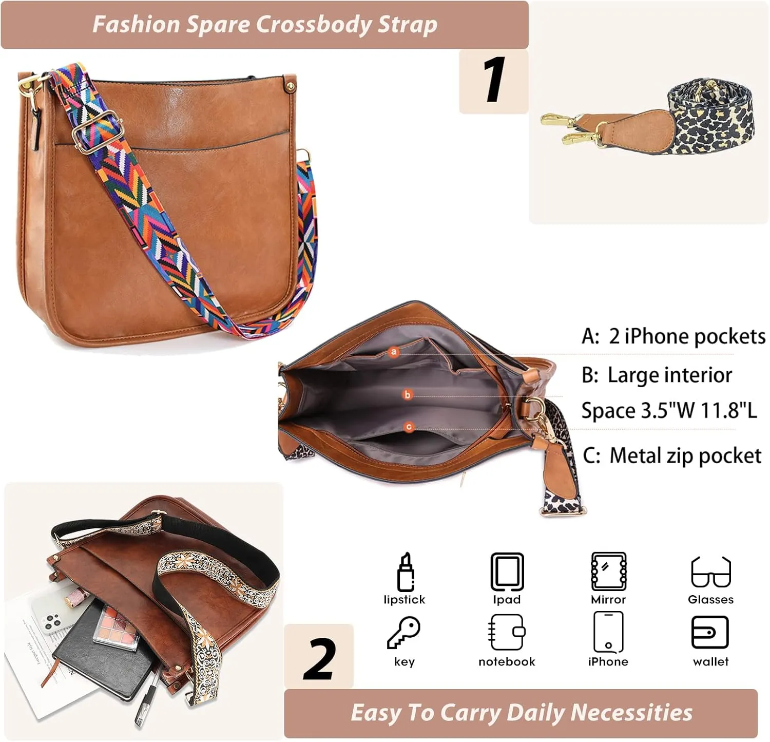 KlaOYer 2 Adjustable Strap Bag,Crossbody Bags Women,Guitar Strap Purse,Vegan Handbags Soft Shoulder Bag For Women