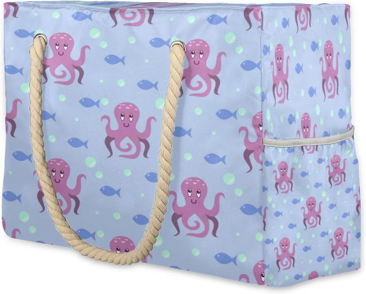 KOBLEN Cute Octopus Large Beach Bag Waterproof Beach Bag for Women Oversized Sandproof Beach Tote Bag with Zipper for Gym Travel Daily Pool Bag Big Tote