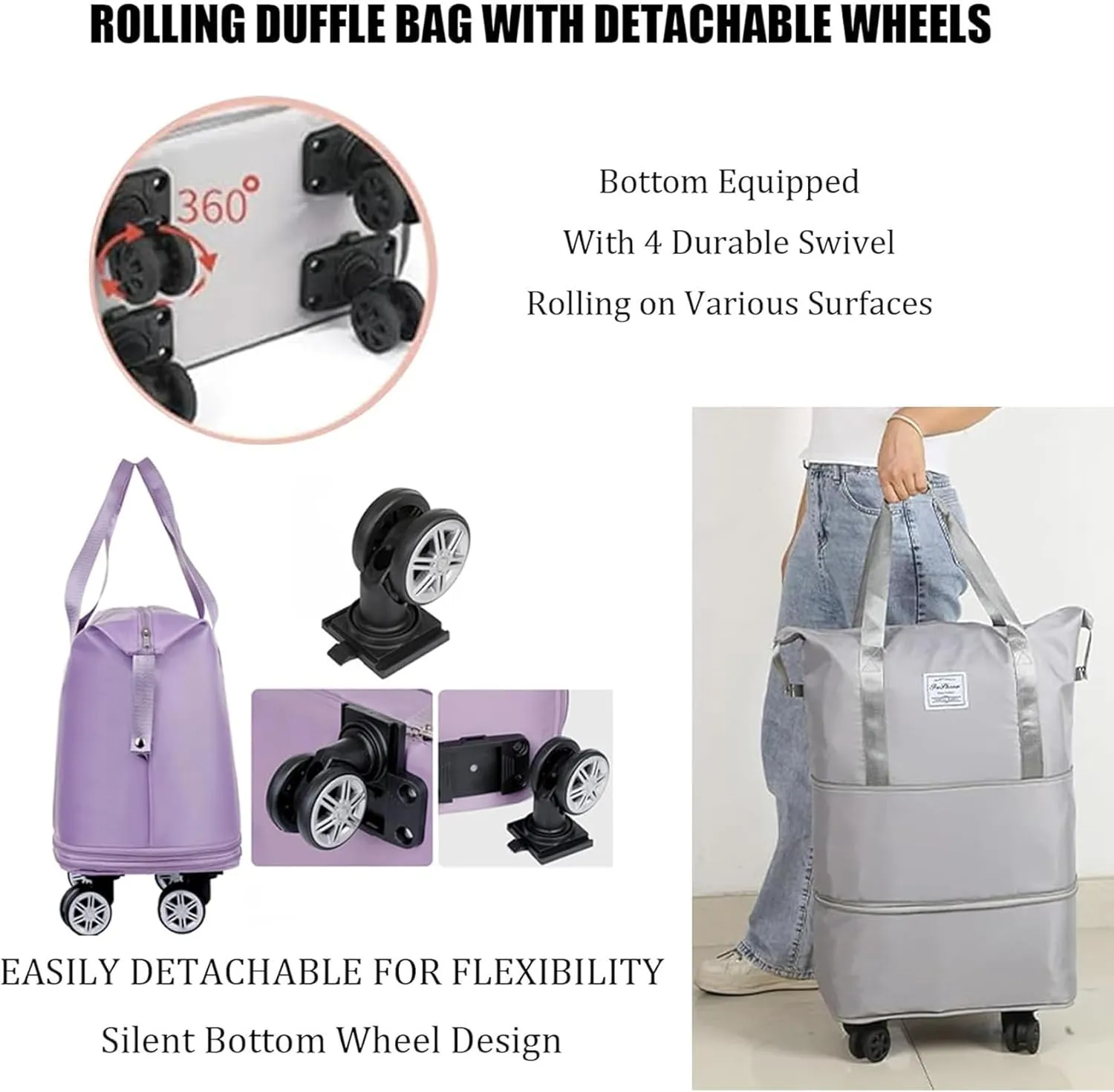 Kulken Travel Bag with wheels, 2025 New Large Capacity Travel Bag - Universal Wheel Removable, Travel Bags Universal (Gray)