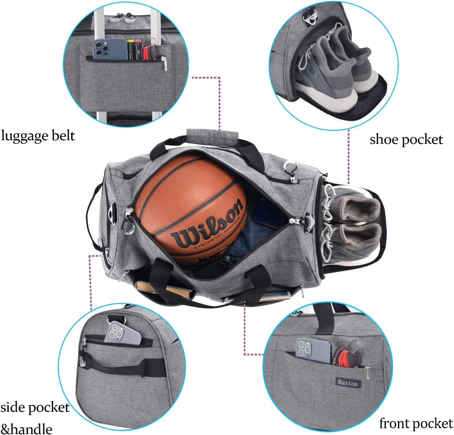 Kuston Sports Gym Bag with Shoes Compartment &Wet Pocket Gym Duffel Bag Overnight Bag for Men and Women-Grey