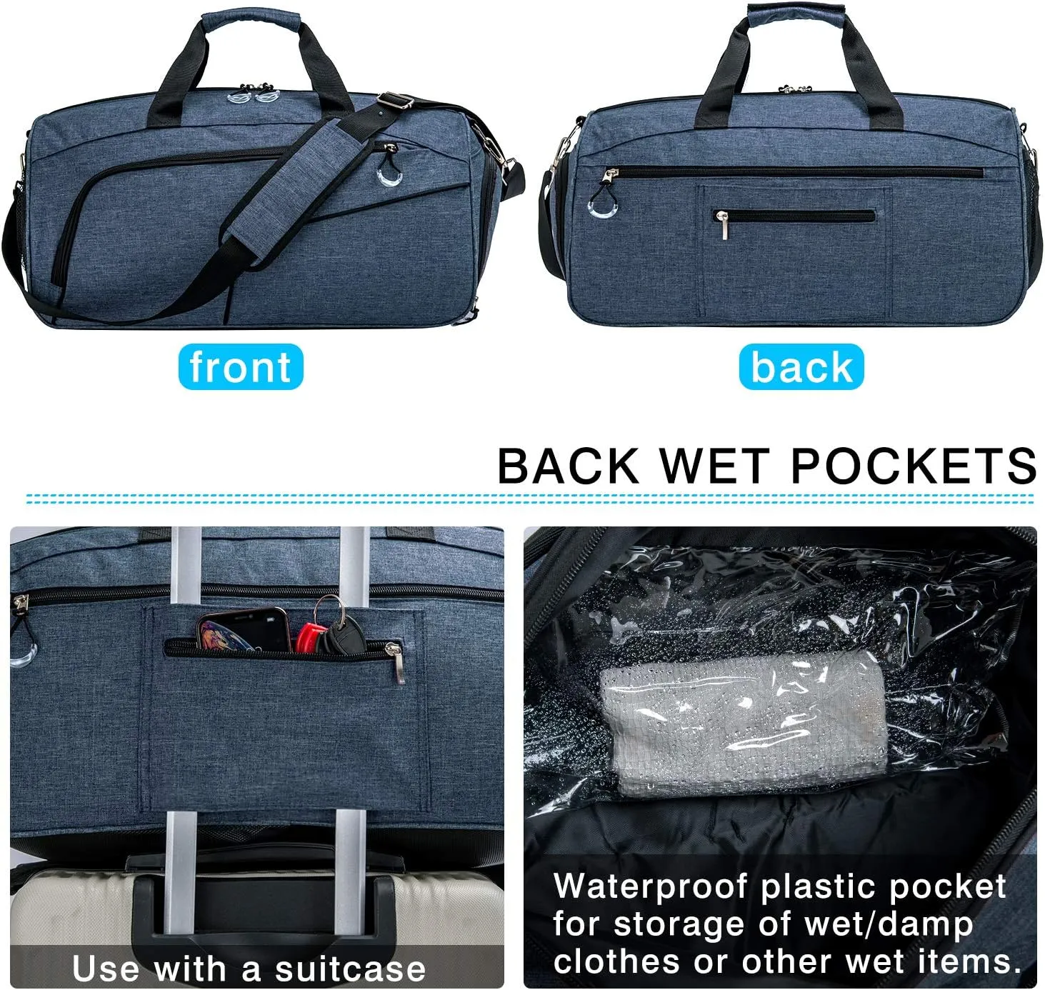 Kuston Sports Gym Bag with Shoes Compartment &Wet Pocket Gym Duffel Bag Overnight Bag for Men and Women(Blue)