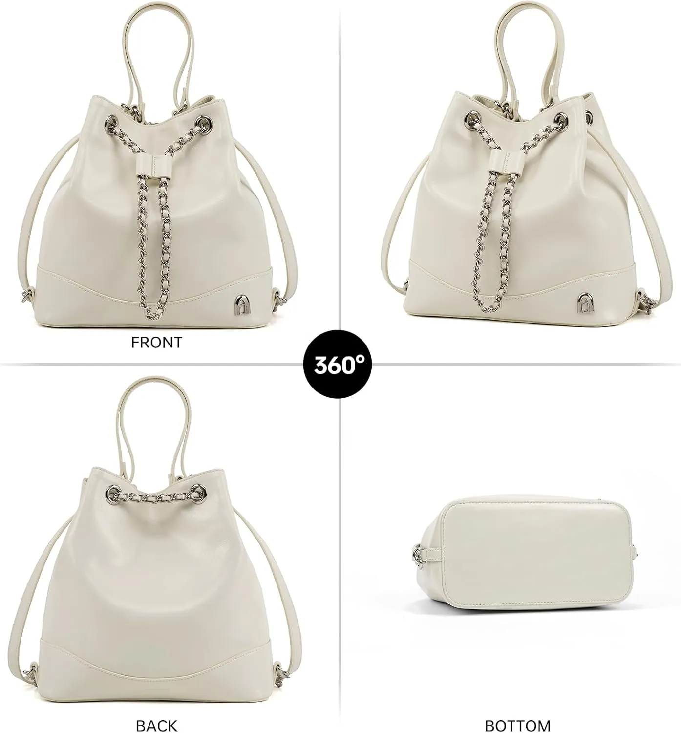 LA FESTIN Leather Purses for Women Cute Backpack Lightweight Shoulder Small Trendy Bucket Handbags with Strap Silver Chain (White)