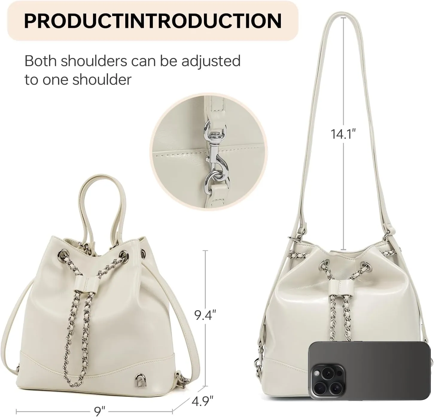 LA FESTIN Leather Purses for Women Cute Backpack Lightweight Shoulder Small Trendy Bucket Handbags with Strap Silver Chain (White)