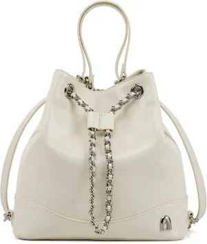 LA FESTIN Leather Purses for Women Cute Backpack Lightweight Shoulder Small Trendy Bucket Handbags with Strap Silver Chain (White)