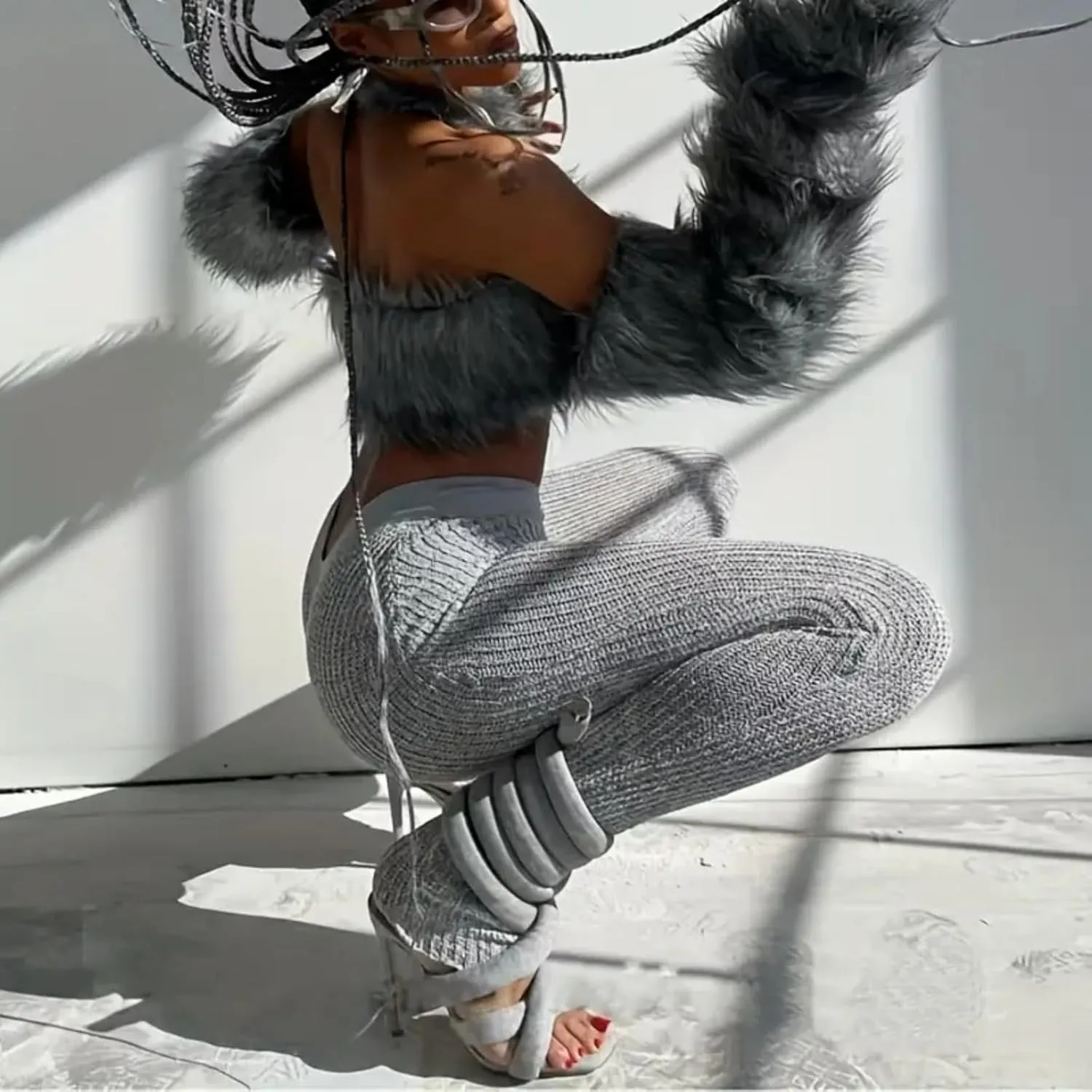 Lace Up Heels Strappy Heels for Women -Open Toe Square Heel Grey Kitten Heel Sandals with 10.5cm Stiletto