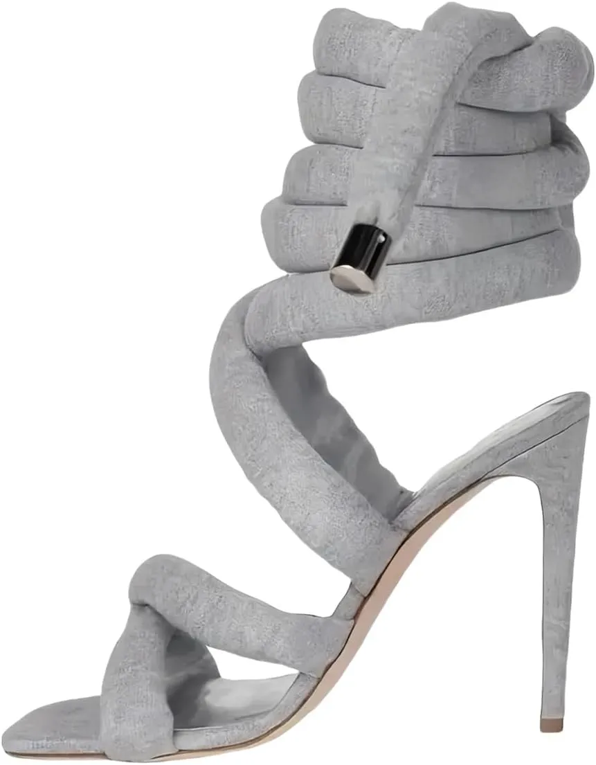 Lace Up Heels Strappy Heels for Women -Open Toe Square Heel Grey Kitten Heel Sandals with 10.5cm Stiletto