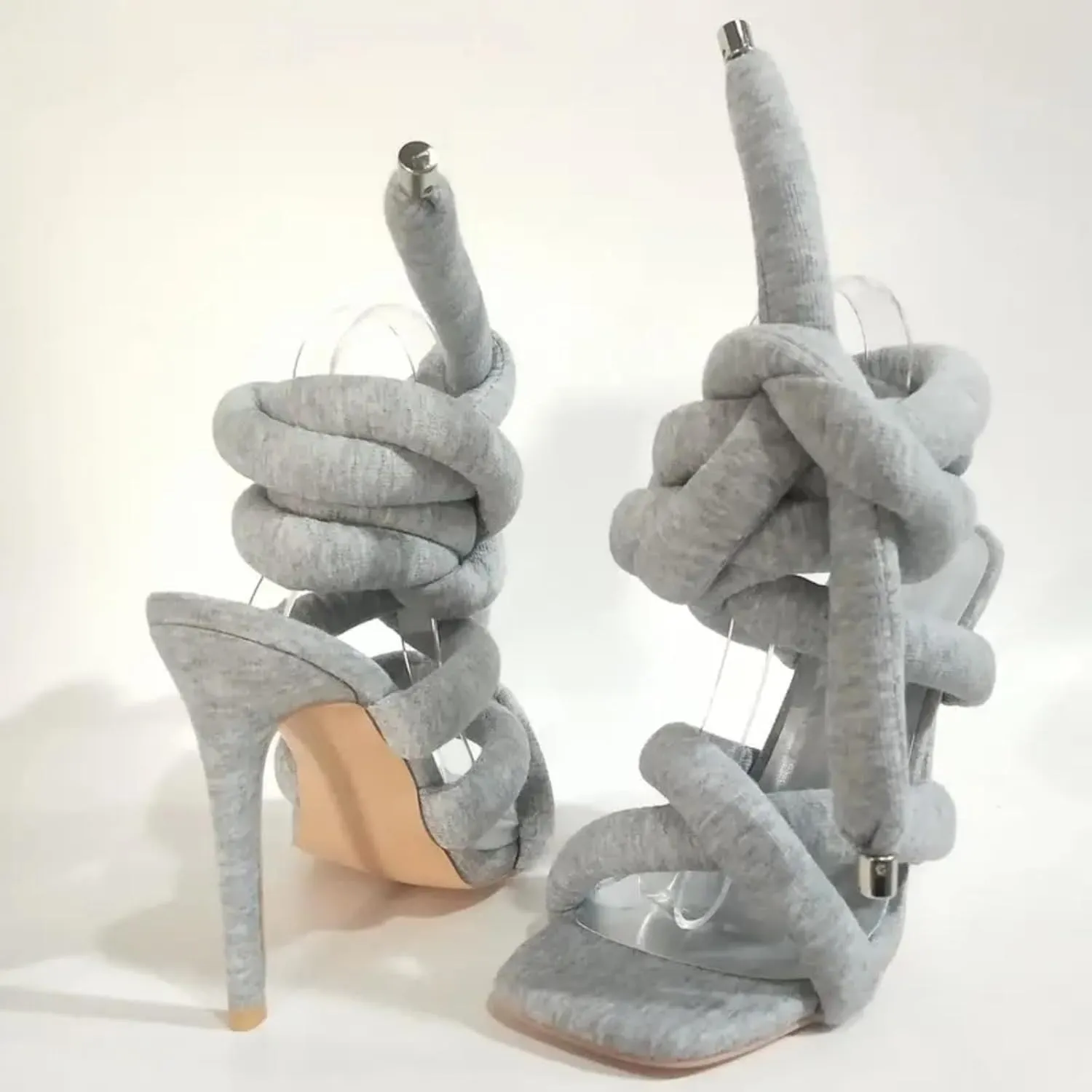 Lace Up Heels Strappy Heels for Women -Open Toe Square Heel Grey Kitten Heel Sandals with 10.5cm Stiletto