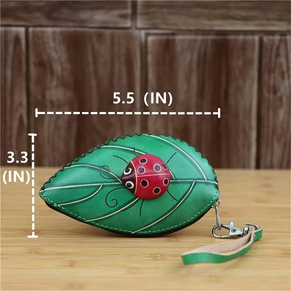Ladies Leaf Ladybug Leather Coin Purse Can Put Coin Clutch Bag Handmade Leather Creative Key Case (Green)