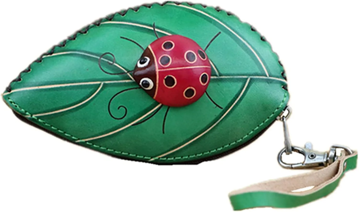 Ladies Leaf Ladybug Leather Coin Purse Can Put Coin Clutch Bag Handmade Leather Creative Key Case (Green)