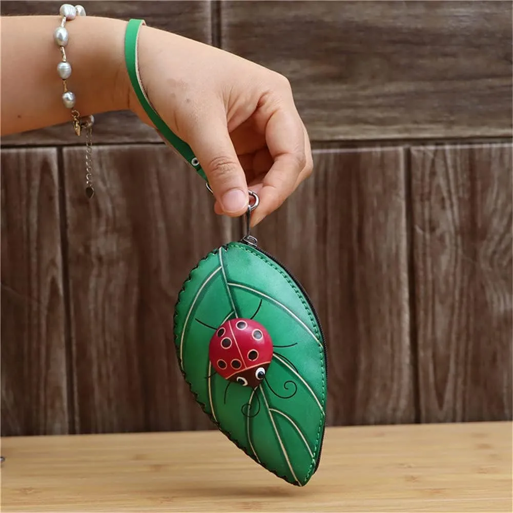 Ladies Leaf Ladybug Leather Coin Purse Can Put Coin Clutch Bag Handmade Leather Creative Key Case (Green)