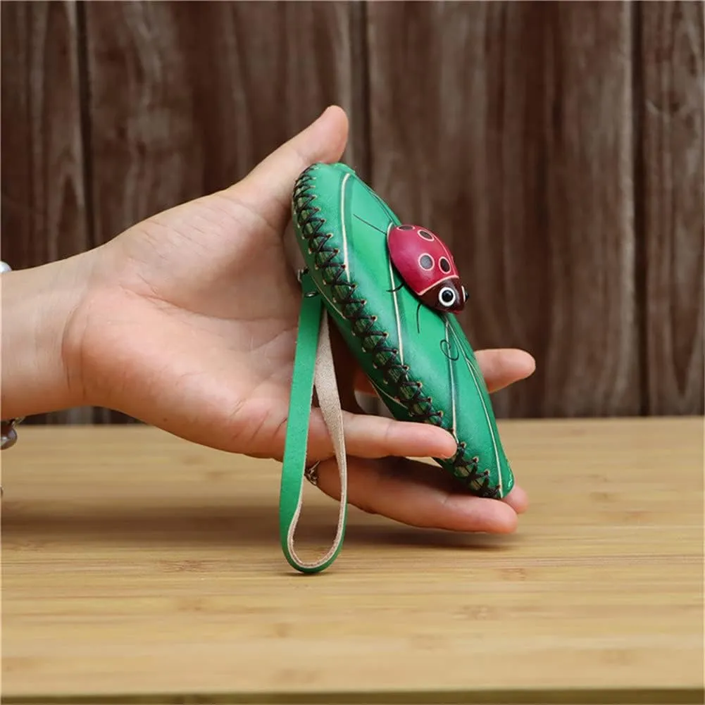 Ladies Leaf Ladybug Leather Coin Purse Can Put Coin Clutch Bag Handmade Leather Creative Key Case (Green)