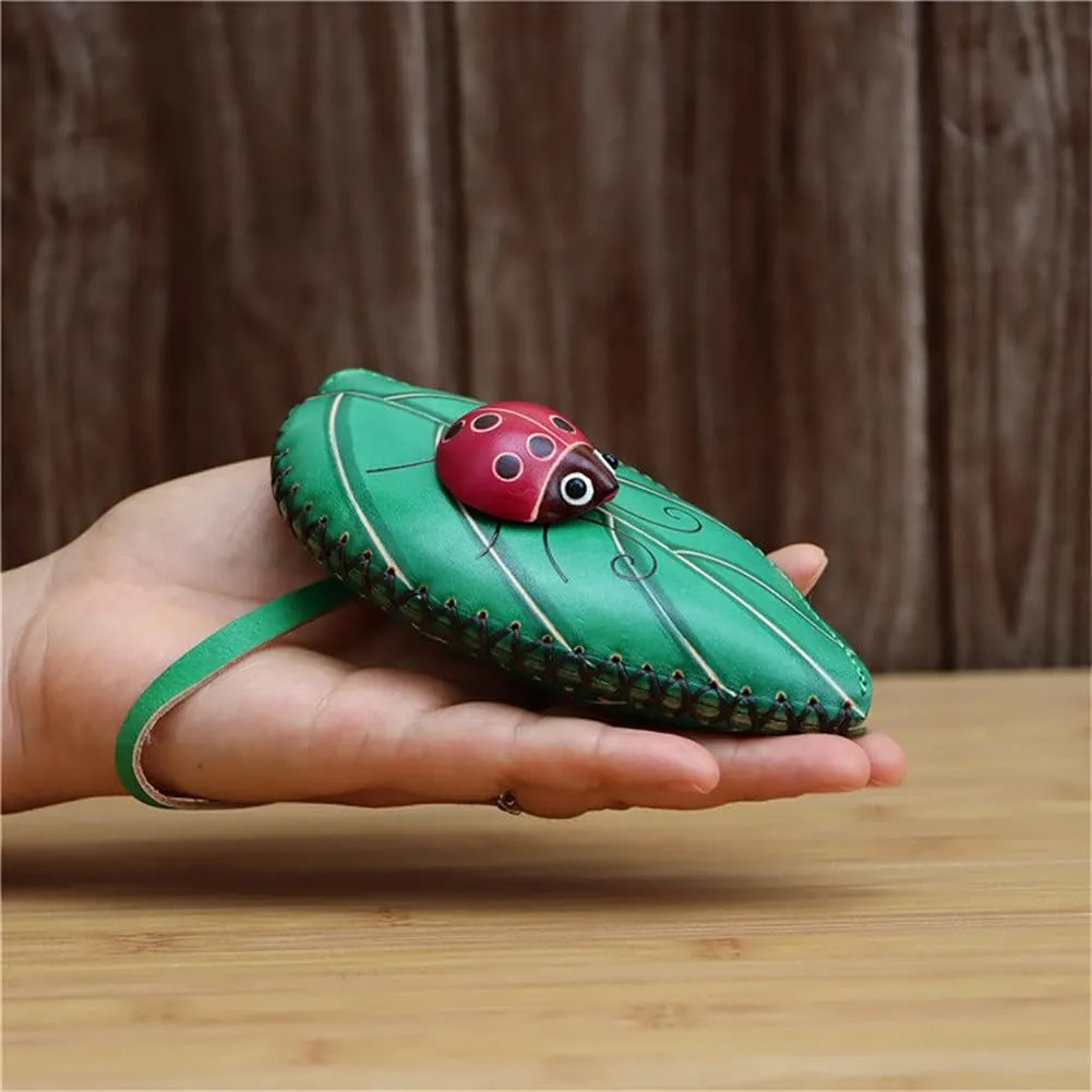 Ladies Leaf Ladybug Leather Coin Purse Can Put Coin Clutch Bag Handmade Leather Creative Key Case (Green)