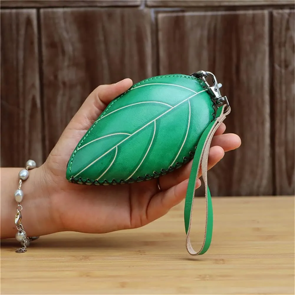 Ladies Leaf Ladybug Leather Coin Purse Can Put Coin Clutch Bag Handmade Leather Creative Key Case (Green)