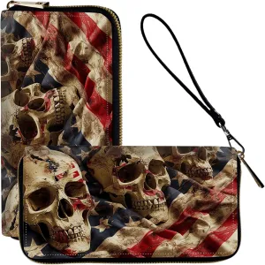Ladies Wallet,Clutch Purses for Women Wallets Leather Credit Card Holder for Women Wristlet Slim Small Cute with Zipper,Thin RFID Blocking with Wrist Strap,American Flag Skull