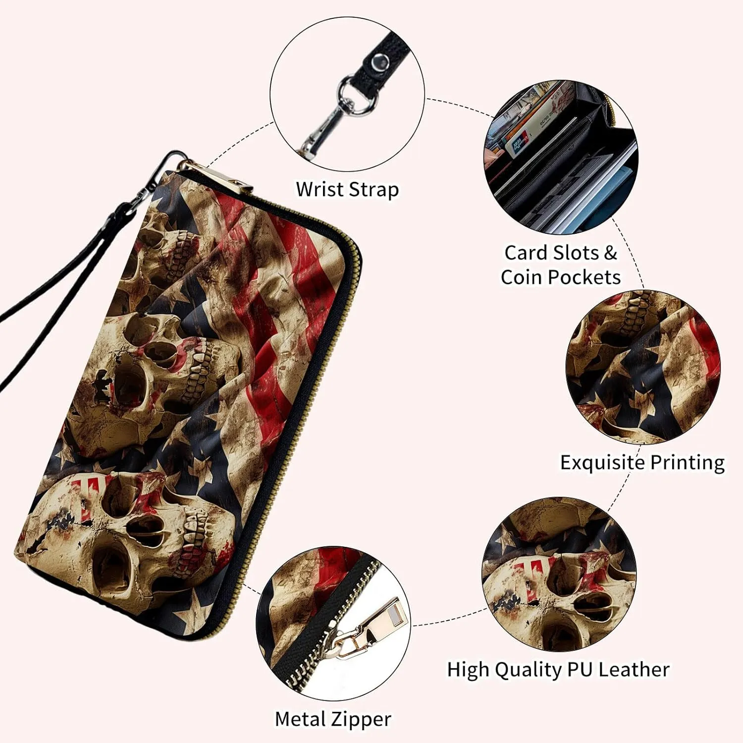 Ladies Wallet,Clutch Purses for Women Wallets Leather Credit Card Holder for Women Wristlet Slim Small Cute with Zipper,Thin RFID Blocking with Wrist Strap,American Flag Skull