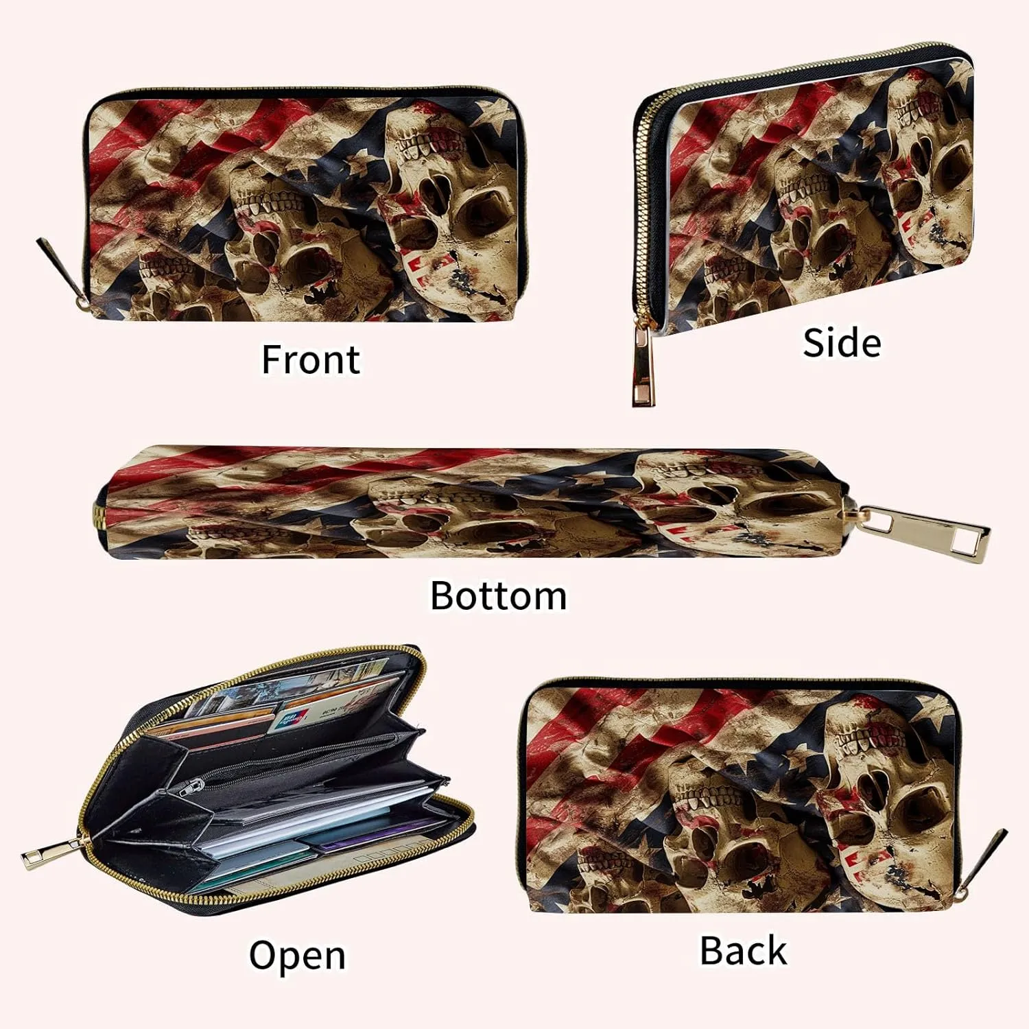 Ladies Wallet,Clutch Purses for Women Wallets Leather Credit Card Holder for Women Wristlet Slim Small Cute with Zipper,Thin RFID Blocking with Wrist Strap,American Flag Skull