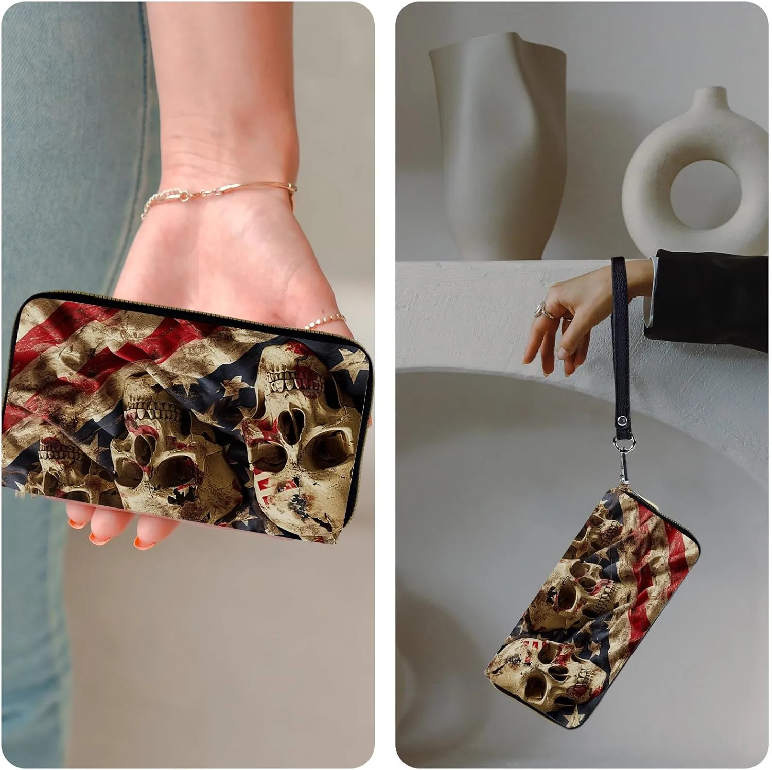 Ladies Wallet,Clutch Purses for Women Wallets Leather Credit Card Holder for Women Wristlet Slim Small Cute with Zipper,Thin RFID Blocking with Wrist Strap,American Flag Skull