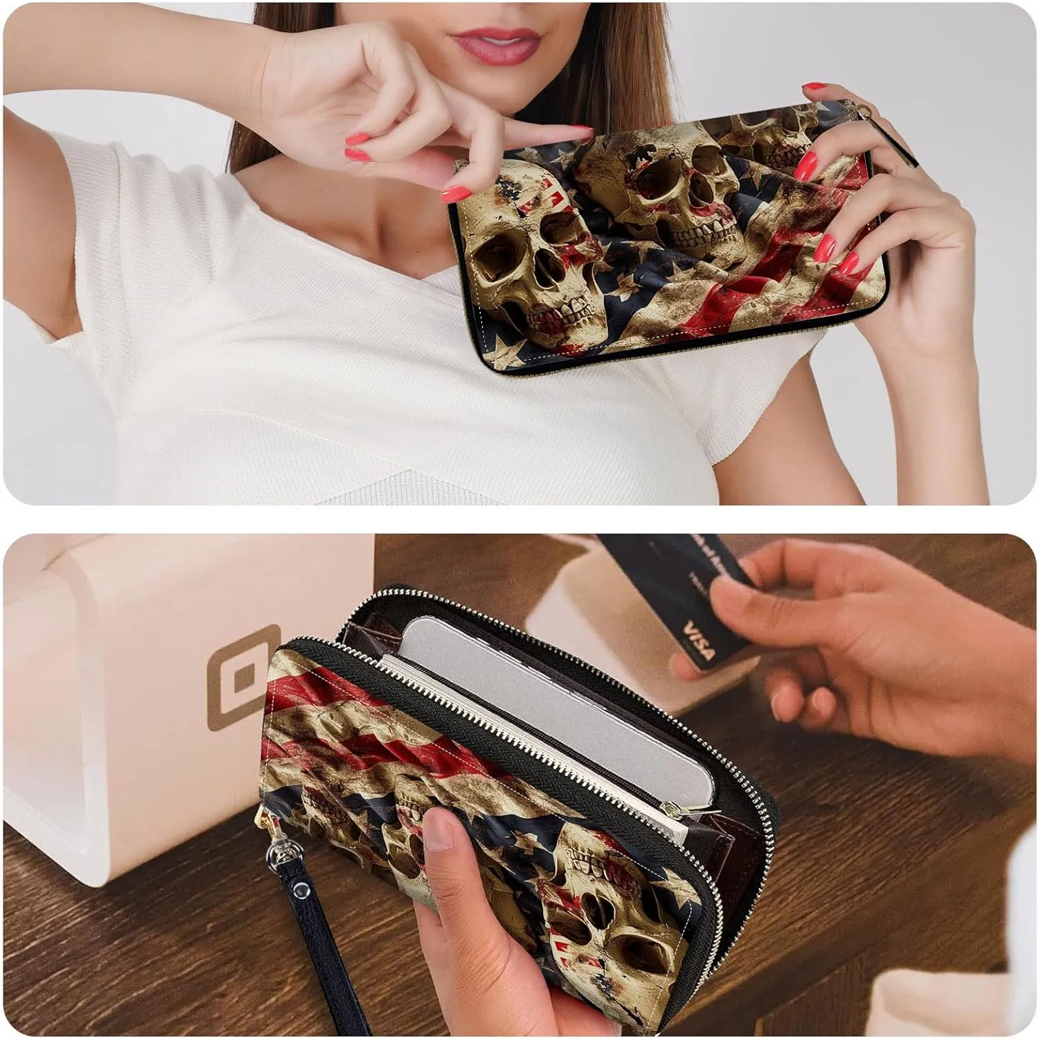Ladies Wallet,Clutch Purses for Women Wallets Leather Credit Card Holder for Women Wristlet Slim Small Cute with Zipper,Thin RFID Blocking with Wrist Strap,American Flag Skull