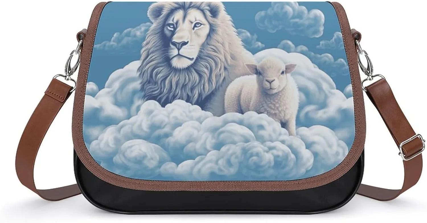 Lamb with A Lion On The Clouds Leather Shoulder Bag for Women Classic Crossbody Purse Leather Tote Bag Handbag Purse Small Shoulder Bags for Shopping