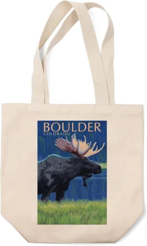 Lantern Press Boulder, Colorado, Moose at Night (100% Cotton Canvas Reusable Tote Bag)