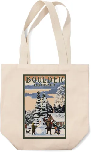 Lantern Press Boulder, Colorado, Snowman Scene (100% Cotton Canvas Reusable Tote Bag)