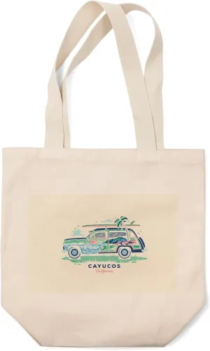 Lantern Press Cayucos, California, Woody, Distressed Vector, (100% Cotton Canvas Reusable Tote Bag)