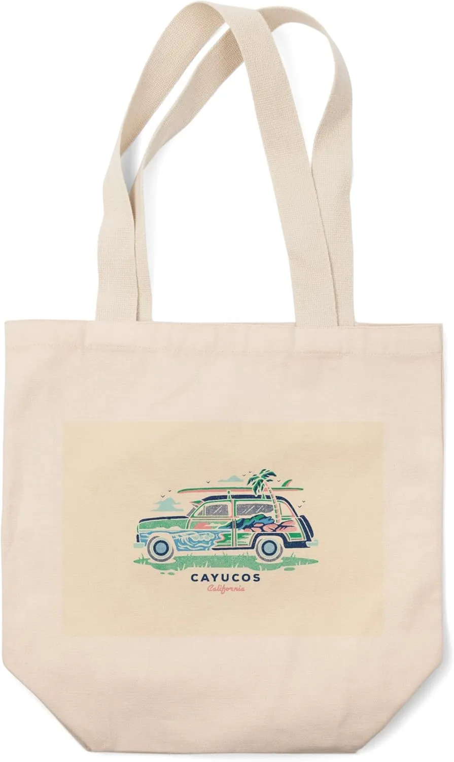 Lantern Press Cayucos, California, Woody, Distressed Vector, (100% Cotton Canvas Reusable Tote Bag)