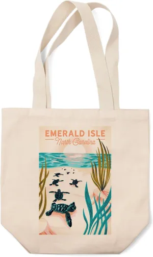 Lantern Press Emerald Isle, North Carolina, Turtles on Beach (100% Cotton Canvas Reusable Tote Bag)