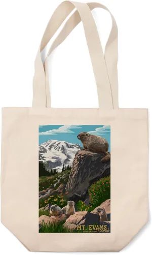 Lantern Press Mount Evans, Colorado, Marmots, Elevation (100% Cotton Canvas Reusable Tote Bag)