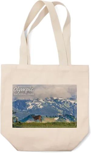 Lantern Press Olympic National Park, Deer and Hurricane Ridge (100% Cotton Canvas Reusable Tote Bag)