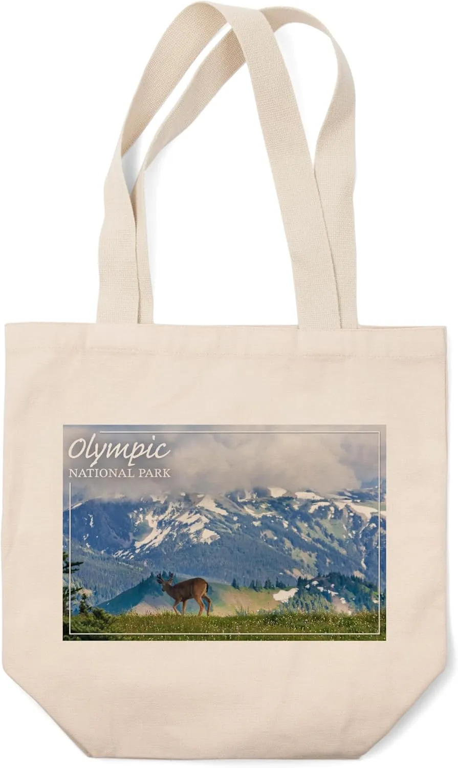 Lantern Press Olympic National Park, Deer and Hurricane Ridge (100% Cotton Canvas Reusable Tote Bag)