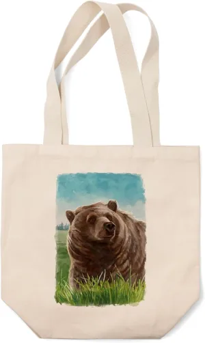 Lantern Press Watercolor Study, Grizzly Bear (100% Cotton Canvas Reusable Tote Bag)