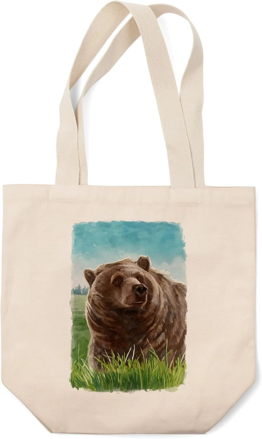 Lantern Press Watercolor Study, Grizzly Bear (100% Cotton Canvas Reusable Tote Bag)