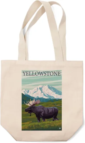 Lantern Press Yellowstone, Montana, Moose and Snowy Mountain (100% Cotton Canvas Reusable Tote Bag)