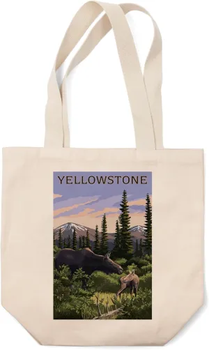 Lantern Press Yellowstone, Moose and Baby (100% Cotton Canvas Reusable Tote Bag)