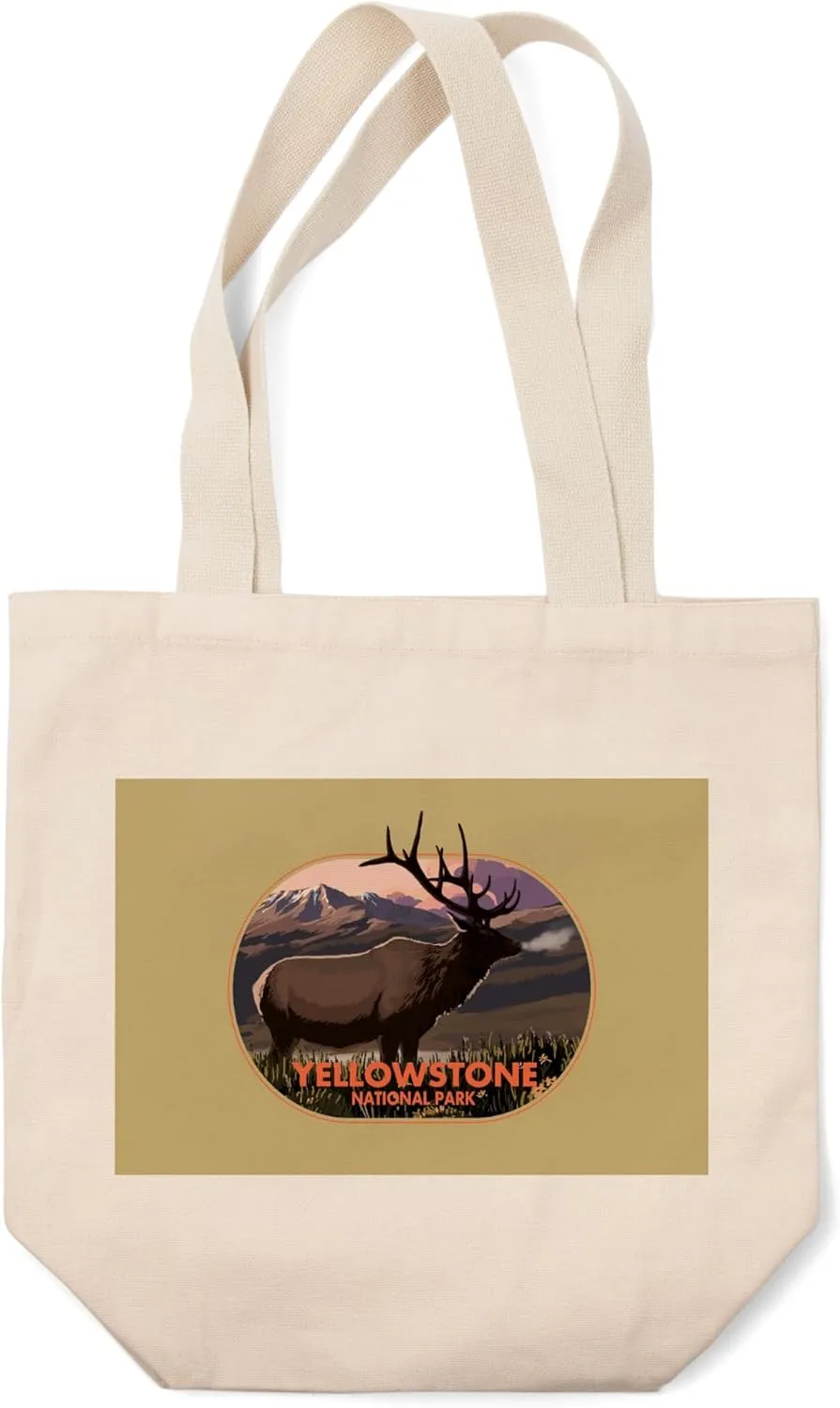 Lantern Press Yellowstone National Park, Wyoming, Elk and Sunset, (100% Cotton Canvas Reusable Tote Bag)