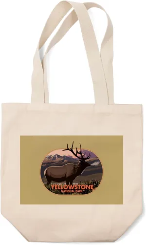Lantern Press Yellowstone National Park, Wyoming, Elk and Sunset, (100% Cotton Canvas Reusable Tote Bag)
