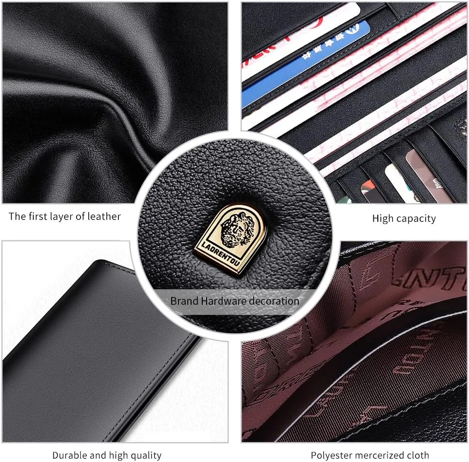LAORENTOU Genuine Leather Wallet for Men Bifold Wallets with Zipper Coin Pocket Casual Men Purse Slim Wallet Purse for Men (Black)