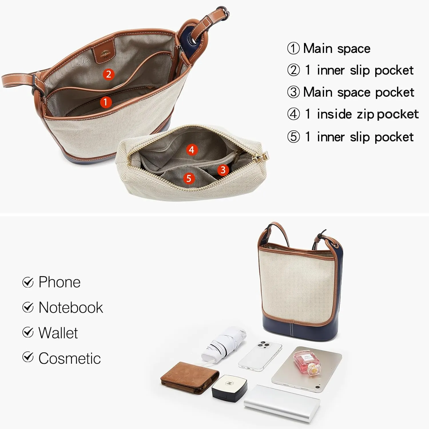 LAORENTOU Small Fabric Bucket Top-handle Crossbody Bag for Women Satchel Trendy Handbags Canvas
