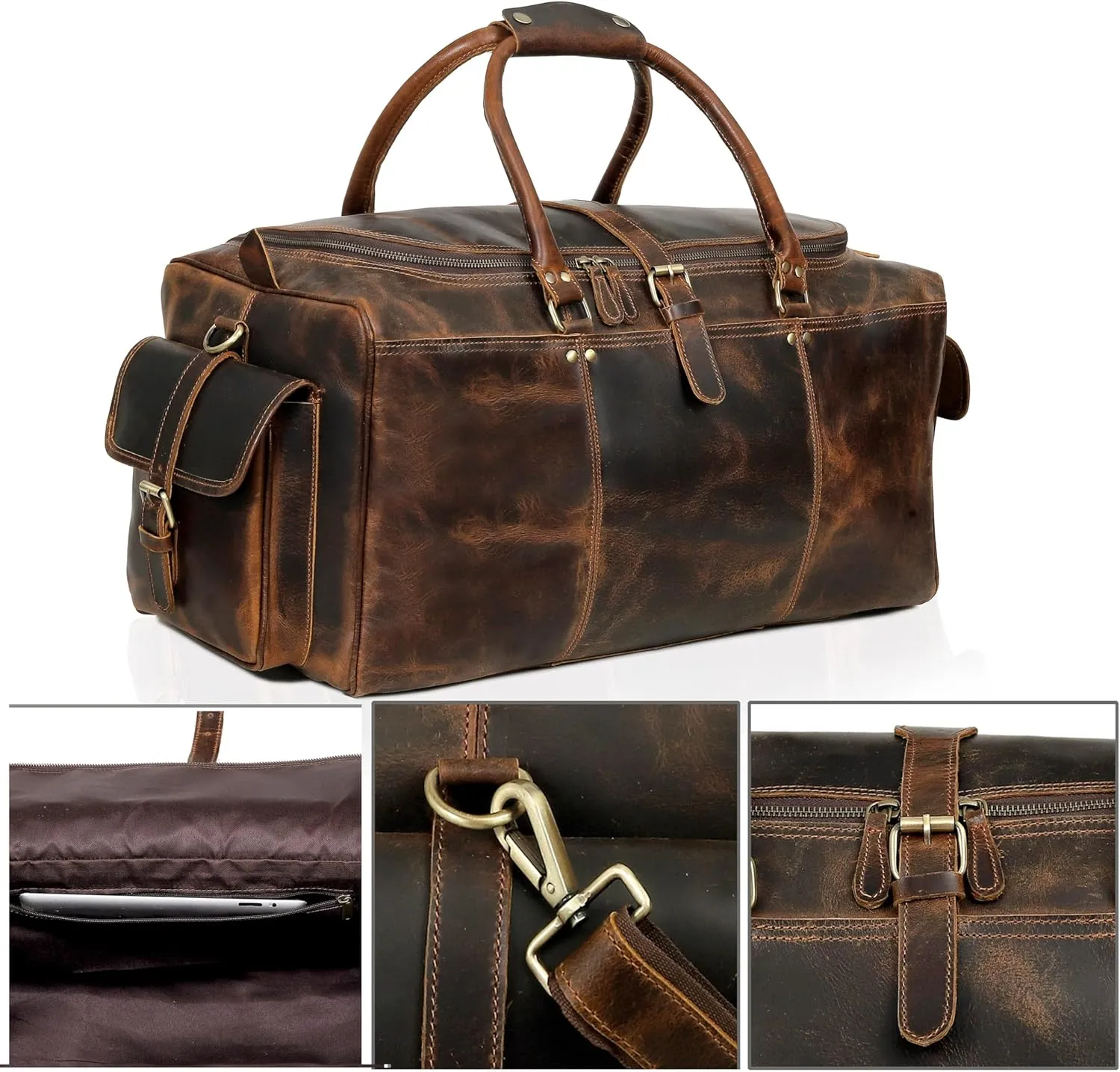 Large 24 inch duffel bags for men holdall leather travel Duffel bag overnight gym sports weekend Duffle bag (Dark Brown, 24" Large)