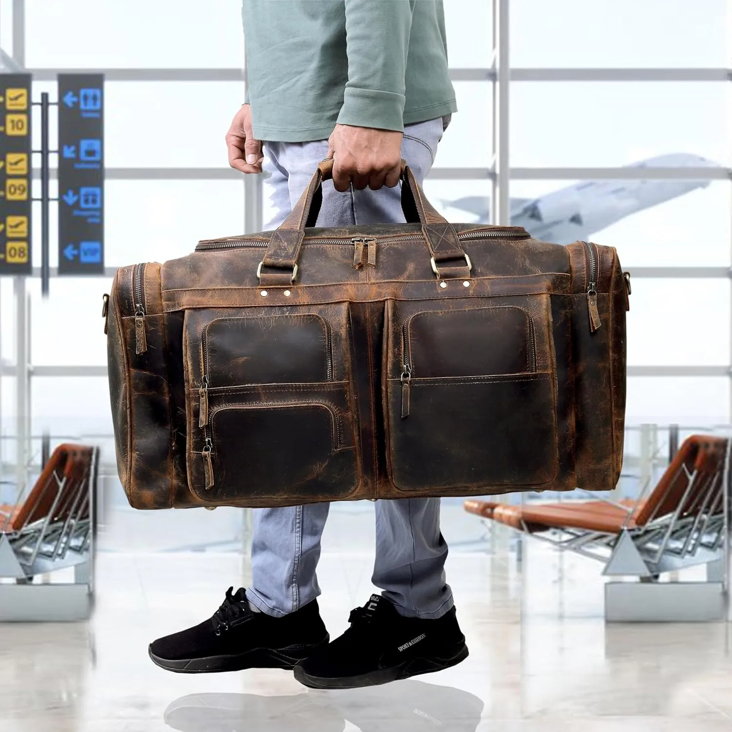 Large 24 inch duffel bags for men holdall leather travel Duffel bag overnight gym sports weekend Duffle bag (Dark Brown, 24" Large)